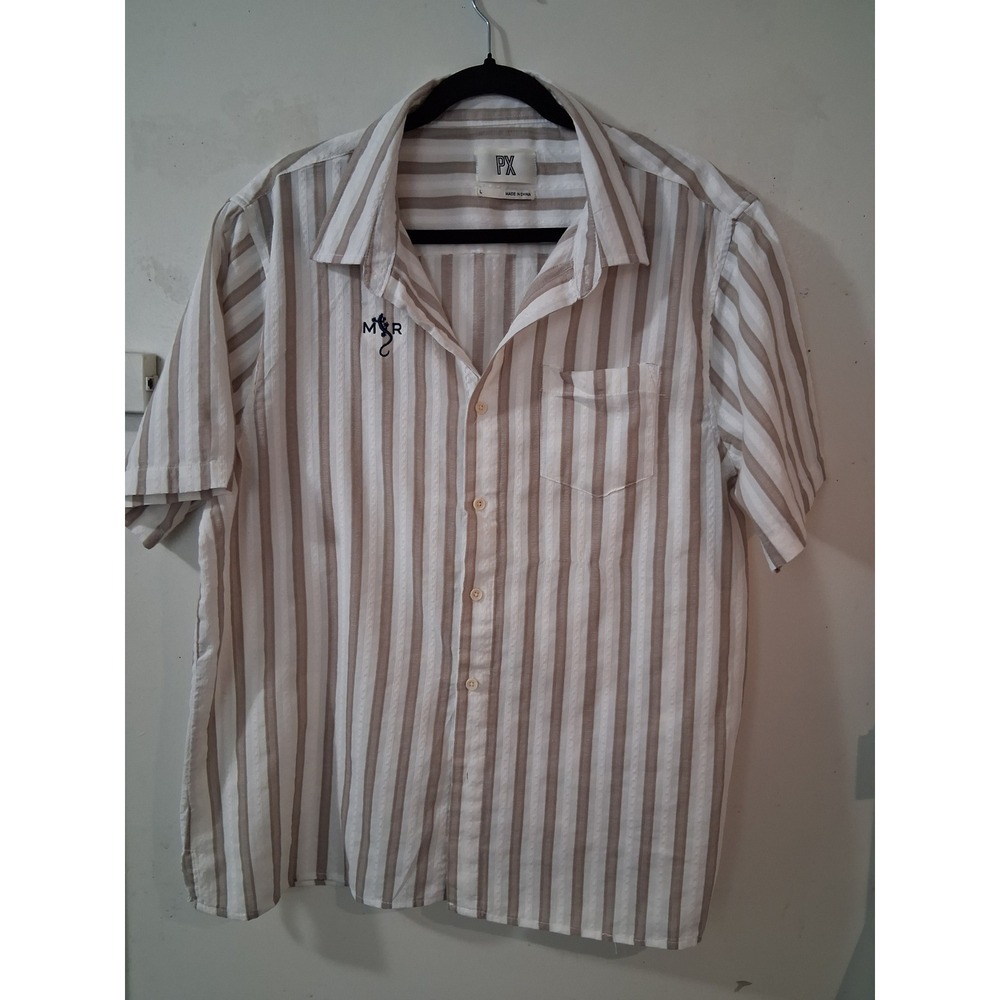PX Mens Short Sleeve Striped Button Up Shirt Tan White Cotton L 8PW2444M